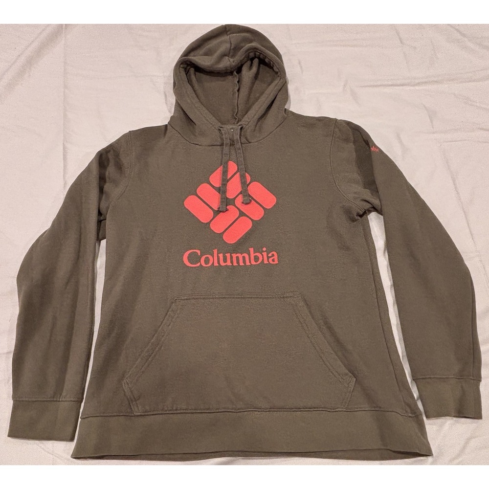 Columbia Hoodie Womens Medium Green Pullover Fleece Sweatshirt Big Logo Front